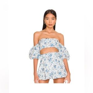 MAJORELLE Blue and White Floral Off-Shoulder Crop Top